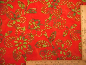 Batik Fabric By The Half-Yard Green Floral on Orange Premium Quilting Cotton #15 - Picture 1 of 2