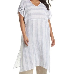 Eileen Fisher Bio Leinen Kaftan Kleid weiß blau gestreift XL Oversize Boho - Bild 1 von 9