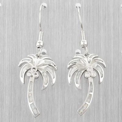 Palm Tree White Fire Opal CZ Silver Jewelry Dangle Drop Earrings Foto 1 de 4