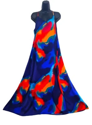 Nicole Miller Talla S Vestido de Sol Largo Columpio Azul Rojo Naranja Regalo de Navidad Foto 1 de 4