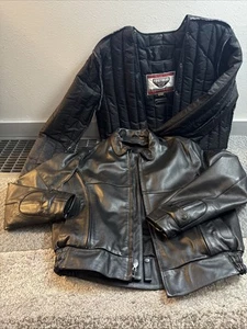 First Gear Black Leather V Bomber Heavy Motorcycle Jacket w\Thermo Liner Size L - Bild 1 von 19