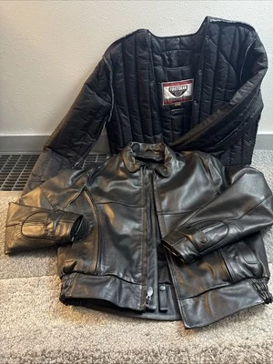 First Gear Black Leather V Bomber Heavy Motorcycle Jacket wThermo Liner Size L - Image 1 of 4