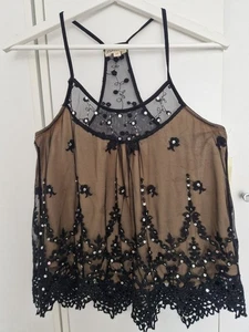 Rebellion USA Halter Neck Lace Sequins Embroidered Top Size M Black Cream Womens - Picture 1 of 14