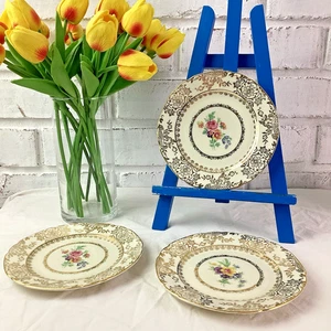 Victoria Tschechoslowakei HF Dessertteller 6,25" 3er Set Elfenbein Gold Floral 217 - Bild 1 von 18