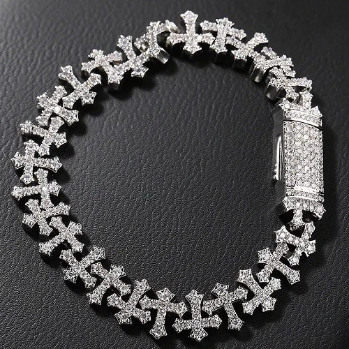 Men's Real S925 Sterling Silver Link Cuff Bracelet With Cubic Zirconia - 8.5 Inch Classic Chain Design, Hypoallergenic & Polished Finish