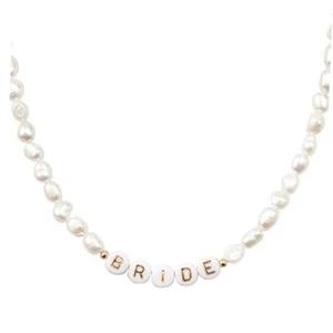 Bride Freshwater Pearl Beaded Necklace, 14" Choker, Gold Letter Beads Jewelry - Picture 1 of 8