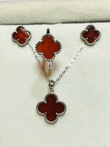 925 Sterling Silver Natural Red Agate Clover Ring Pendant Necklace Earrings - Picture 1 of 24