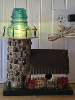 Vtg Stone Lighthouse Birdhouse Accent Lamp One Of A Kind - Image 1 of 4