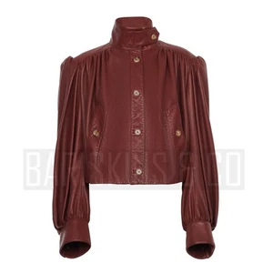 Cropped Lederjacke Damen Burgund Moto Style Puffärmel echtes Lammleder schick - Bild 1 von 10