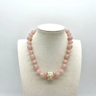 Collar de Cuentas Pintado a Mano Rosa Cuarzo Distintivo Floral Cuentas Joyería Foto 1 de 4