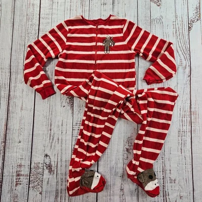 Женская пижама Nick & Nora из флиса в красно-белую полоску с обезьяной размер Small - Изображение 1 из 4