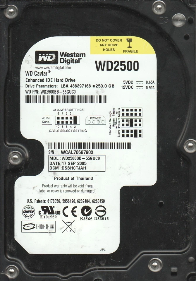 WD2500BB-55GUC0, DCM DABHCTJAH, Western Digital 250GB IDE 3.5 Hard Drive used - Image 1 of 1