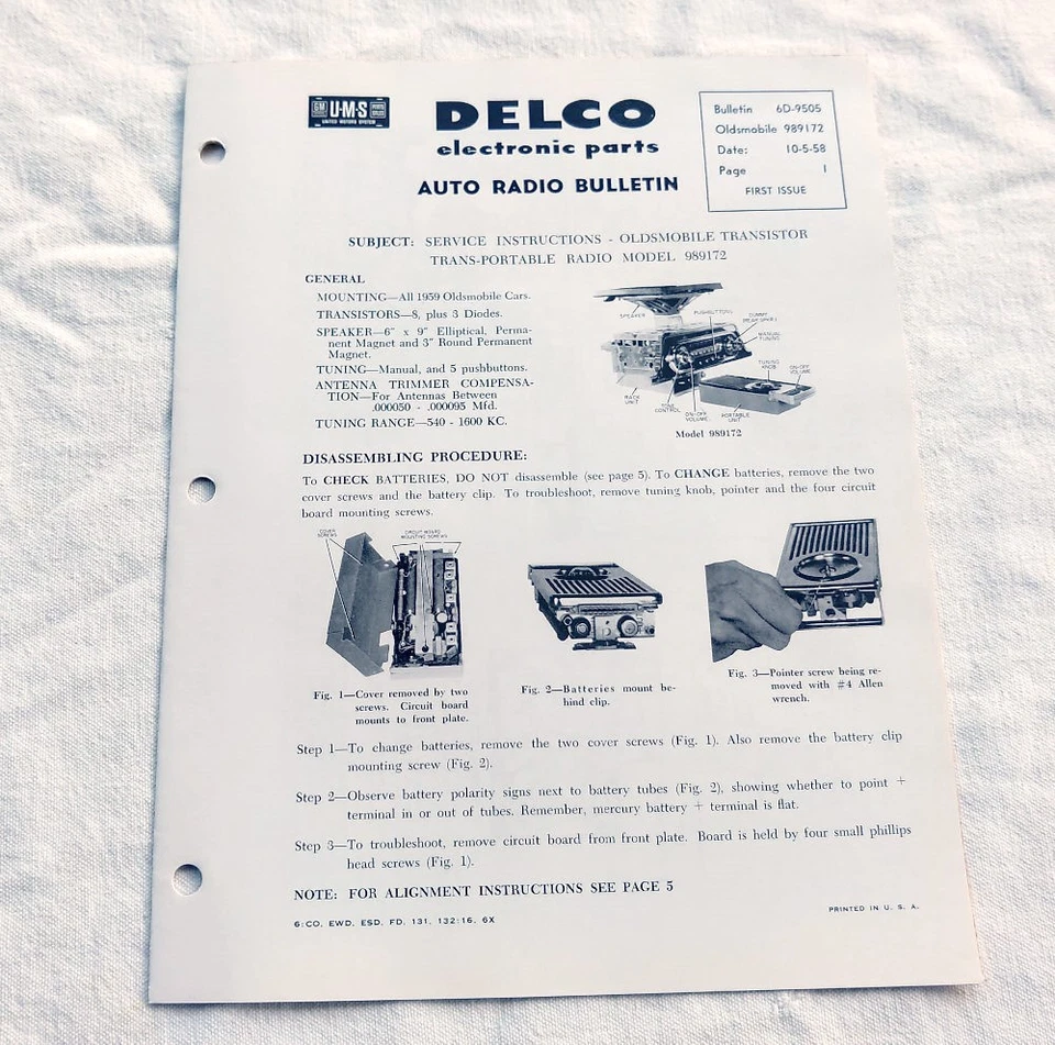 Oldsmobile 98 Super 88 1959 original GM autoportátil radio información de servicio 59 nuevo en stock Foto 1 de 4