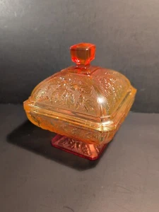 Vintage Indiana Glas Deckel Amberina Fuß Bonboniere, Eichel Herbst Motiv - Bild 1 von 8