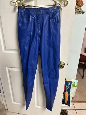 80s 90s E MAGNIN Blue LEATHER PANTS Double Knee 26x29 Med 8 Rock Star Hip Hop - Image 1 of 4