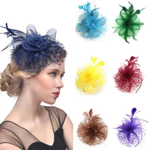 Flower Hair Clip Small Mini Top Hat Fascinator Royal Ascot Race Feathers Wedding - Picture 1 of 32