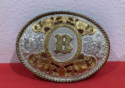 CRUMRINE MFG. Western LETTER ‘B’  Etched Design Silver & Gold Tone Belt Buckle - Image 1 of 4