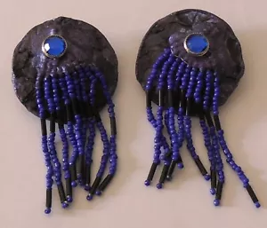 1980s Handmade Purple Blue Black Seed Bead Fringe Dangle Pierced Earrings EUC!! - Picture 1 of 6