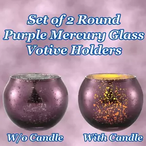 2 Round Purple Votive Candle Holders Tea Light Mercury Glass Christmas Holiday💕 - Picture 1 of 1