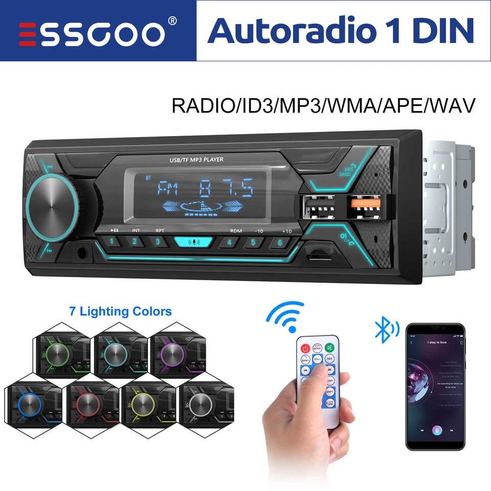 ESSGOO Autoradio Stereo Single 1 DIN mit FM Bluetooth Freisprech USB AUX ID3 MP3 - Bild 1 von 4