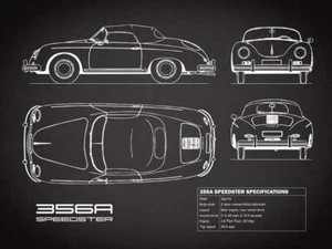 Affiche - Porsche 356A Speedster Blueprint, Brevet Rétro Noir, 4 Tailles - Photo 1 sur 21