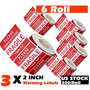 6PCS 2"x3" Fragile Stickers 3000 Handle With Care Thank You Roll Warning Labels - Picture 1 of 12