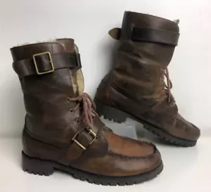 Ralph Lauren Zacha Leather Shearling Upper Boots Brown Fur Lined Buckle size 9B - Picture 1 of 23