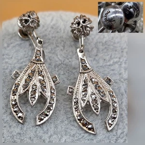 Vintage Sterling Silver Marcasite Dangling Sparkly Screw Back Earrings - Picture 1 of 10