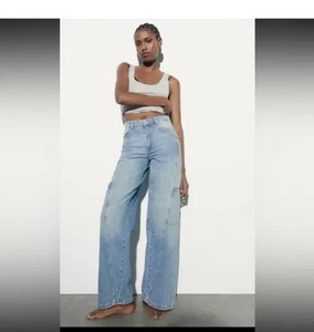 Zara Womens Size 6 Mid Rise Wide Leg Cargo Jeans 100% Cotton Medium Wash - Picture 1 of 12