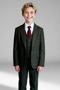 Men's Boys Wool Tweed Windowpane Check Suit Tailored Fit 3-Piece with Husky Size - Picture 1 of 25