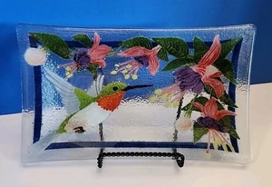 2014 Peggy Karr 10" Kolibri rechteckiges Tablett verschmolzenes Kunstglas signiert - Bild 1 von 8
