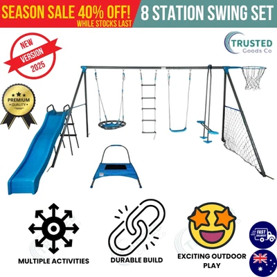 8 Station Swing Set Kids Outdoor Playground Trampoline Rope Kids Play Outside - image 1 of 4