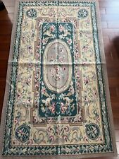 Green/Yellow ground/floral 3x5 Aubusson Needlepoint Rug: 100% Wool handmade
