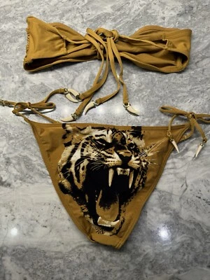 Raro Sexy HM Bikini Traje de Baño Beige Tigre- Parte Superior 4 Parte Inferior 12 Dientes Animal Dije Foto 1 de 4