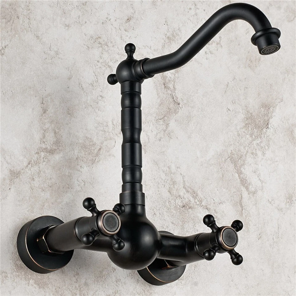 Black Oil Rubbed Brass Double Handle Wall Mount Kitchen Faucet Mixer Tap ytf008 - Image 1 of 1