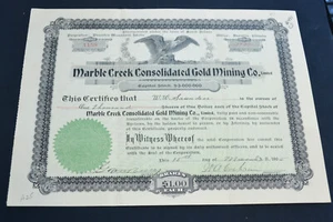 Marble Creek Consolidated Gold Mining Co. 1905 stock certificate - Picture 1 of 1