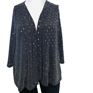 Avenue Cardigan Jacket Woman 22/24 Black Metallic Knit Open Silver Shimmer Event - Picture 1 of 13
