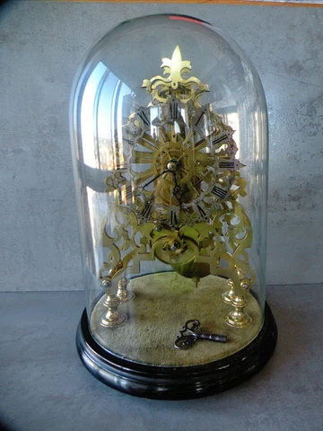 c. 1860 ANTIQUE ENGLISH BRASS SKELETON CLOCK w/ORIGINAL DOME & KEY, FUNCTIONING Cover