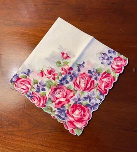 roses & violets VINT HANDKERCHIEF FINE cotton scolloped edge NU WHITE PINK 12.5" - Picture 1 of 4