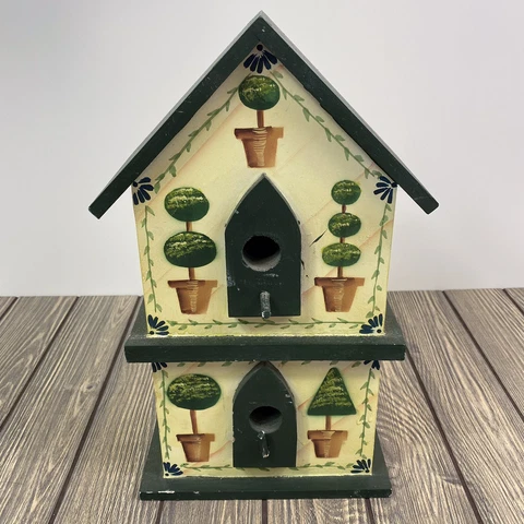Wooden Bird House 2-Hole Hand Painted yellow Green Garden Decor 13.5 in Cover