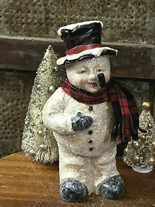 Paper Mache Vintage Style Face Snowman w Scarf & Pipe Mica Snow Figure 8" - Picture 1 of 6