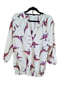 Monsoon Damen leichtes Blusentop mit Vogelmuster Größe L beige rosa rot - Bild 1 von 6