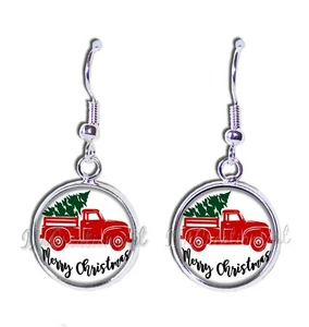 Red Truck Christmas Tree Farmhouse Handmade Resin Dangling Earrings 16MM SIZE - Picture 1 of 7