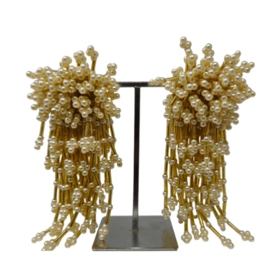 Vintage Gold and Pearl Tassel Clip-On Earrings | Statement 4.44" Design - Image 1 of 4