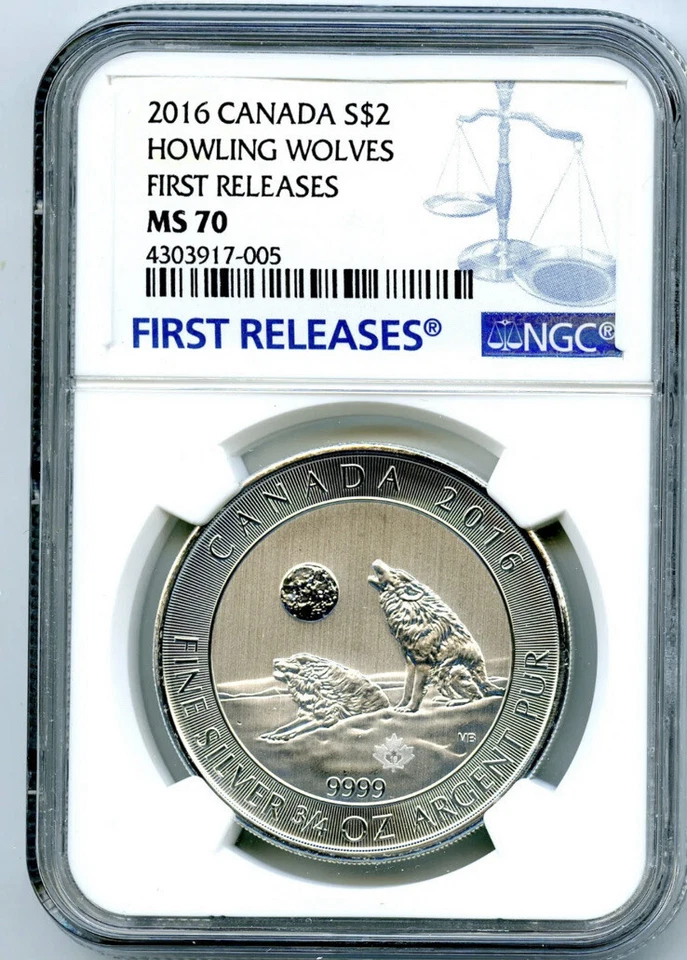 2016 $2 CANADA 3/4OZ .9999 SILVER NGC MS70 HOWLING WOLVES FIRST RELEASES POP=19 - Image 1 of 2