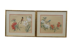 2 Mid Century Chinese Floral Bird Watercolor Paintings on Silk 16" - Picture 1 of 13