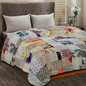 Indian beautiful silk patola kantha king quilt bedspread throw patchwork blanket - Picture 1 of 2