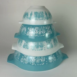PYREX Vintage Amish Butterprint Turquoise White Cinderella Mixing Bowl Set - Picture 1 of 14
