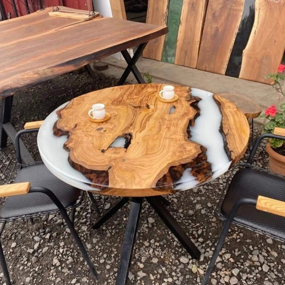 White Epoxy Coffee Table Top – Round Resin End Table | Handmade Modern Cafe Deco - Image 1 of 1