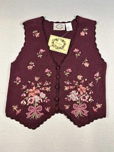VTG Erika Embroidered Knit Sweater Vest Petite LG Maroon Floral Cottagecore NWT - Picture 1 of 9